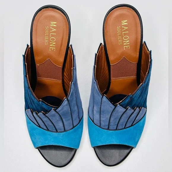 Malone Souliers Donna Fanned Blue Suede Colorblock Mules Heels Shoes Sandals - Picture 3 of 15